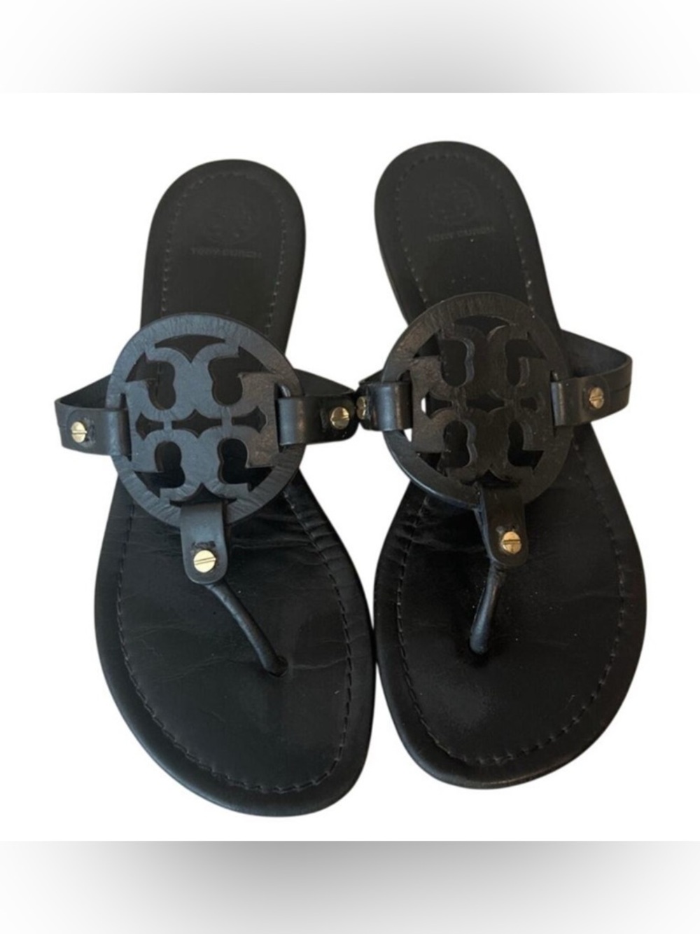 Tory Burch Miller Black Smooth Leather Sandals 10.5 Gold Rivets Iconic Logo